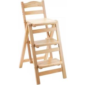 Folding Bar Stool, 3 Step Multifunction Portable Adults Solid Wood Ladder Stool for Household Kitchen, Bathroom Storage Shelf, Wood Color