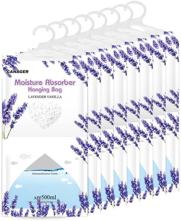CANAGER Hanging Moisture Absorber, Lavender Vanilla Moistureproof Hanging BagDehumidifier Bag (8 packs) Hanging Closet Dehumidifier Bags, Moisture Absorb 12.5 oz (Purple)