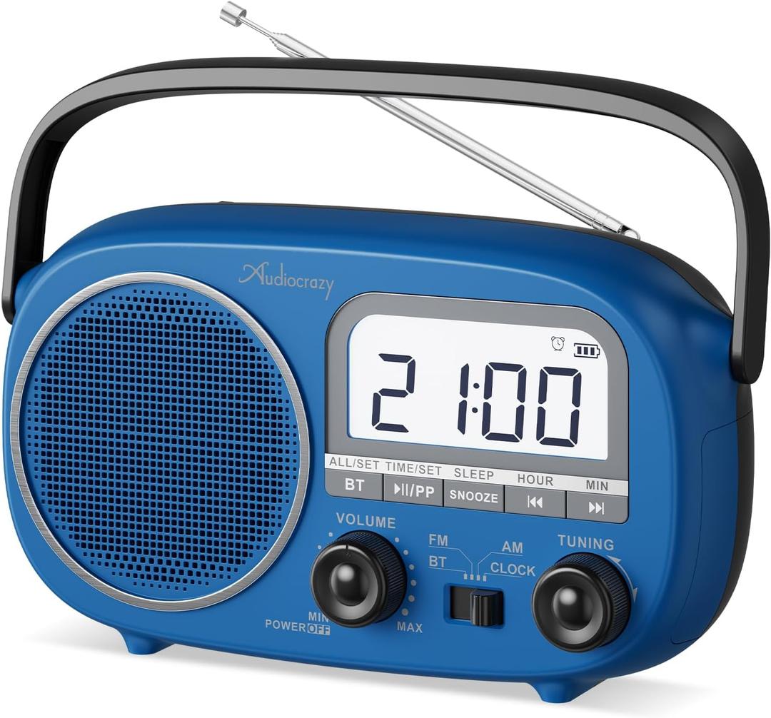 Portable AM FM Rechargeable Radio with Best Reception, Digital Time/Station Display,AC Power or Battery Power Radio with Bluetooth Speaker for Home/Kitchen/Outdoor (Cobalt Blue)