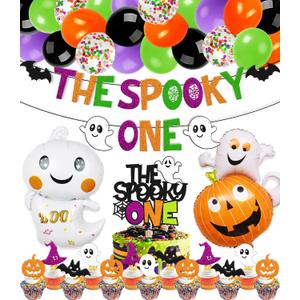 58 PCS Halloween 1st Birthday Decorations The Spooky One Party Decorations Happy 1st Bday Banner Cake Topper Ghost Spider Web Haunted House Themed for Kids One Year Old First Bday Party Supplies