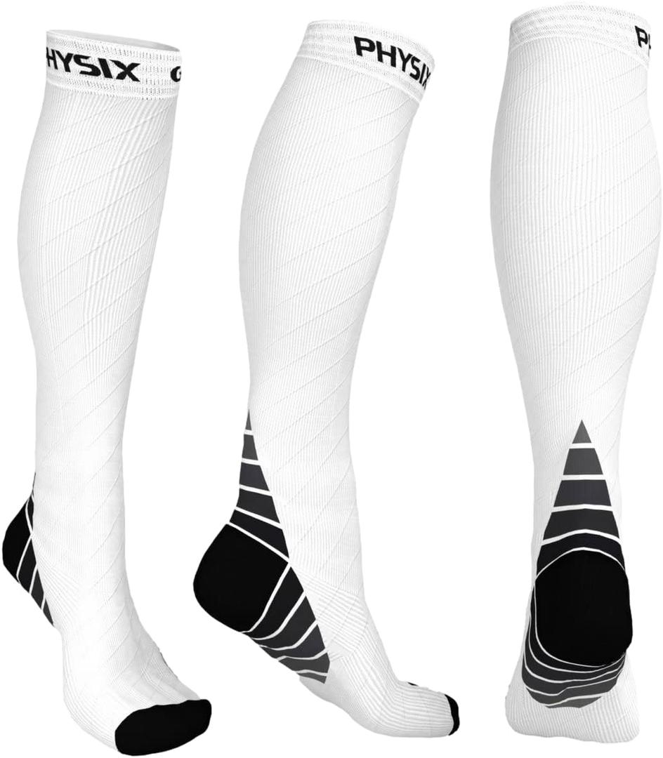 Physix Gear Compression Socks 20-30 mmHg - Men & Women - Running, Nurses, Shin Splints, Flight, Travel (S/M, White)