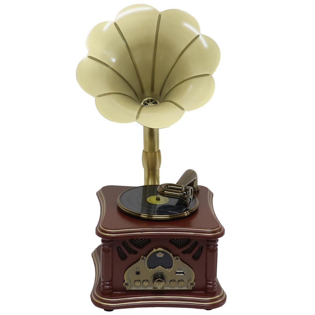 Brown Vintage Gramophone Recorder, Decorative Turntable with BT/USB Headphone Connection, HiFi, Handcrafted by Pure Oak，Great for Music Player, Home Decor, Retro Collection/Classic Gift (RT-135)