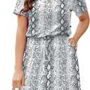 HUSKARY Women Summer Casual Midi Dresses Short Sleeve V Neck Drawstring Knee Length T Shirt Dress with Split and Pocket (Large, Snakeskin)