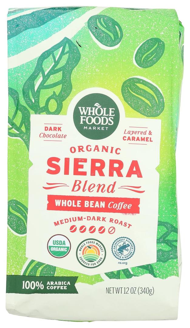 Whole Foods Market, Organic Sierra Blend Whole Bean Coffee, Medium-Dark Roast, Dark Chocolate & Caramel, 12 Ounce (EXP 07/21/26)