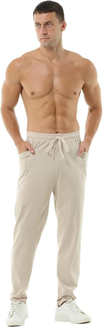 Hoerev Mens Cotton Running Athletic Sports Fashion Walking Running Yoga Breathable Pants Trousers (Beige, L)