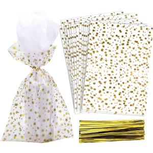 100 Pcs Star Printed 4"X 9" Gift Wrap Cello Cellophane Treat Bags Party Favor bags Clear Candy Cookie Bags Plastic Poly Goodie Storage Bags with Twist Ties for Bakery,Birthday, Wedding ,Party Decorations (Gold)