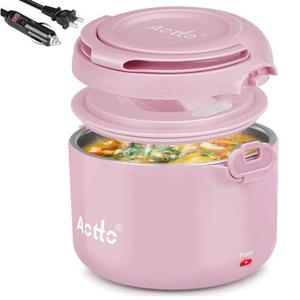 Aotto Electric Lunch Box, 32 oz Portable Food Warmer Heater, Lunch Warmer Portable for Work/Office/Car/Travel 12V/24V/110V 3-in-1, Warming Soup & Meal, Spill-Free, Men & Women's Gifts, Pink