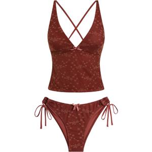 ZAFUL Women's Tankini Set V Neck Tummy Control Floral Printed Tie Side Thong Bikini Swimsuits 2 Piece Bathing Suits M