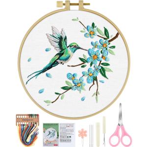 ERKOON Embroidery Kit for Beginners, Hummingbird and Flower Cross Stitch Set for Include Embroidery Cloth Hoops Threads for Craft Lover Hand Stitch with Embroidery Skill Techniques (Green Hummingbird)