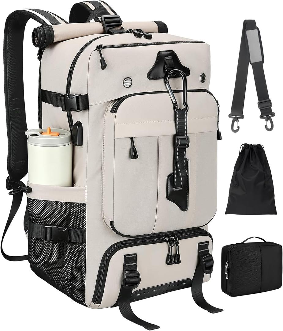 Travel backpack for men, 40L Large Carry on Backpack Durable Convertible Duffle Bag with Shoe Compartment Fit for 16 Inch Laptop for travel, camping, Weekender Hiking Beige