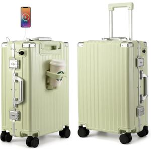 MYER Hard Case 24 Inch Checked Luggage with Spinner Wheels,Aluminum Luggage with 100% 3-Layer PC,Hard Shell Suitcases with Wheels,Cup Holder and USB Port (Vanilla Green, 24 inch)
