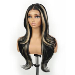 Cuiud Skunk Stripe Wig Glueless Lace Front Wigs Pre Plucked Synthetic Layered Wave Black and Blond wig 134 Wear and Go Wig for Black Women Beginner Friendly