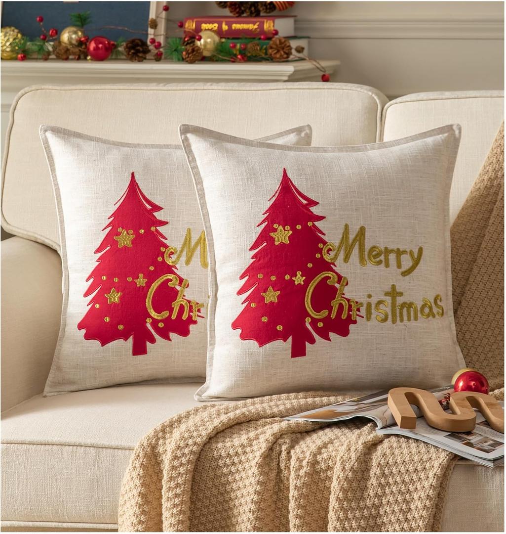 Caflife Christmas Pillow Covers 20x20, Boho Farmhouse Throw Pillows Covers for Sofa Couch Bed, 2 Pack Linen Burlap Embroidery Home Holiday Christmas Decorative Cushion Covers