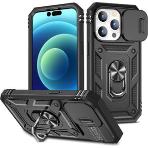 for Apple iPhone 15 Pro Case Military Grade Drop Shock Protection Cell Phone Cover with Slide Camera Cover Built-in 360 Rotate Ring Stand for iPhone 15 Pro 6.1 - Black