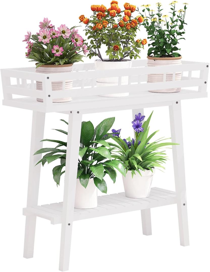 unho White Plant Stand Indoor 2 Tier outdoor plant stands for patio with Display Shelvings wooden plant stands Planter Storage Shelf Holder Home Furnishing Decor for Living Room Balcony Patio