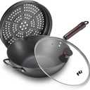 Wok, 13 Inch carbon steel wok pan with steamer & stir-fry pans nonstick, Pre-Seasoned 5.8QT Flat Bottom Chinese Woks Paella Pan with lid, Carbon Steel Cookware, Compatible with All Cooktops