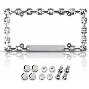 Premium Chrome Chain License Plate Frame with 4 Silver Screw Caps, Street Legal Universal Fit for Cars & Trucks, Heavy Duty Rust-Free Zinc Chrome Chain License Plate Frame for Men & Women