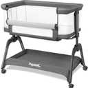 Papablic Baby Bassinet, Bedside Bassinet for Baby with Four-Sided Breathable Mesh & Soft Mattress, Adjustable Bassinet Bedside Sleeper with Storage Basket and Wheels, Easy to Assemble, Gray