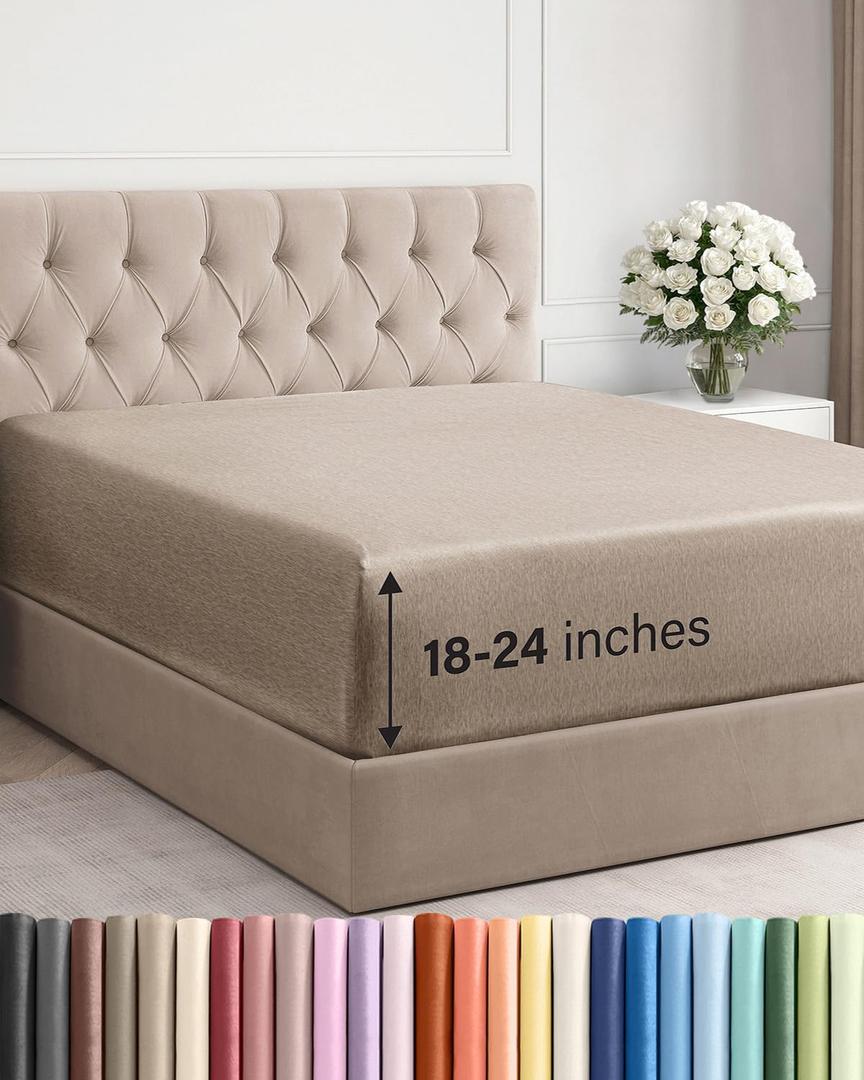 Extra Deep Queen Fitted Sheet - Hotel Luxury Single Fitted Sheet Only - Easily Fits 18 inch to 24 inch Mattress - Ultra Soft, Wrinkle Free w/Extra Deep Pockets - Breathable & Comfy - Heathered Beige