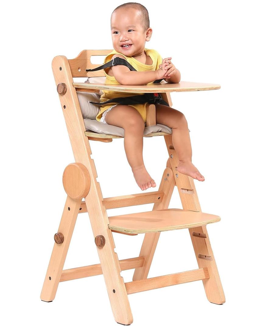Toddler High Chair Wooden, Baby Highchair with Adjustable Tray and Foot Rest, Folding Wood High Chair for Dining, 6 Months up to 300 Lb (Natural)