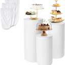 3Pcs Cylinder Stands for Party Round Pedestal Stand with Spandex Covers & Weighted Base - for Birthday Wedding Party Outdoor Indoor Decor (White)