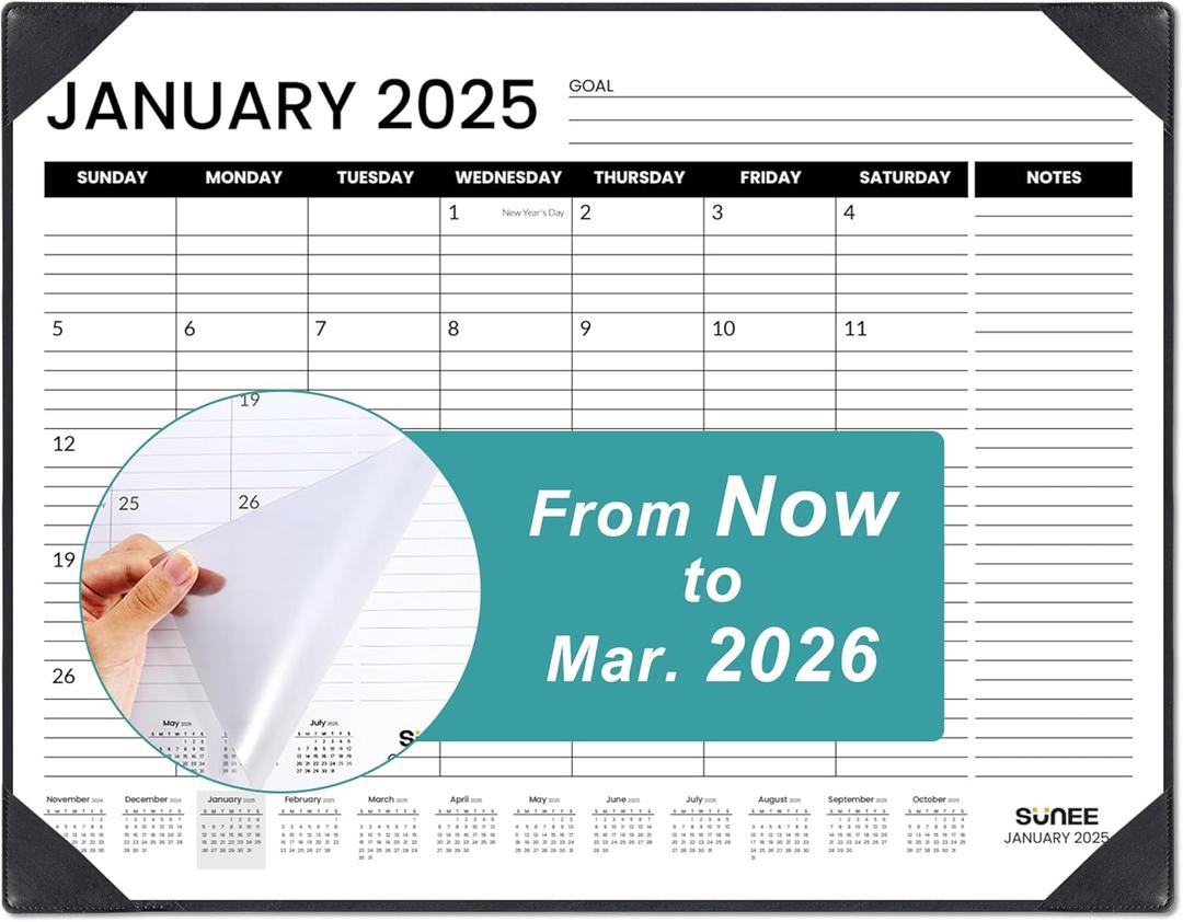 SUNEE Desk Calendar 2025 Large 22x17 with Plastic Cover, Desk Top Calendar from Now to March 2026, Extra Big Desktop Office Calendar 18 Months, Black