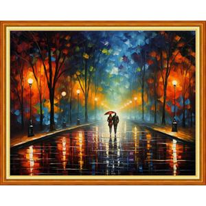 DMCVIVR Stamped Cross Stitch Kits for Adults Beginners Embroidery Kits 11CT Needlepoint Kits Cross Stitch Patterns Embroidery Patterns-Strolling on a Rainy Night 16x20 inch