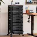 SYKIARIOL Rolling Cart with Drawers,10 Drawer Rolling Cart,Rolling storage cart with drawers,Black Rolling Drawer Cart,Teacher Rolling Cart for Classroom Storage,Craft Cart with Wooden Tabletop
