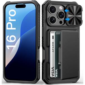for iPhone 16 Pro Case Wallet, Built-in Card Holder (4-5 Cards), Slide Camera Cover, Military Grade Drop Protection, Rugged Heavy Duty Men Women Protective Phone Case for iPhone 16 Pro, Black