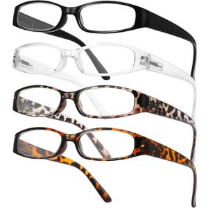 Gaoye 4-Pack Readers for Women, Blue Light Blocking Reading Glasses, Stylish Reading Glasses for Women in 4 Patterns (Black, Clear, Tortoise, Leoprad), Magnification Strength: 4.0 x