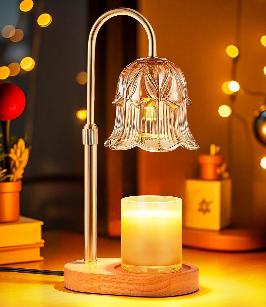 Candle Warmer Lamp Adjustable Timer - Electric Flower Glass Candles Warmers Adjustable Height Dimmable Vintage Base Modern Wax Candles Top Warmers for Small Jar Scented Wax Melts (Amber)