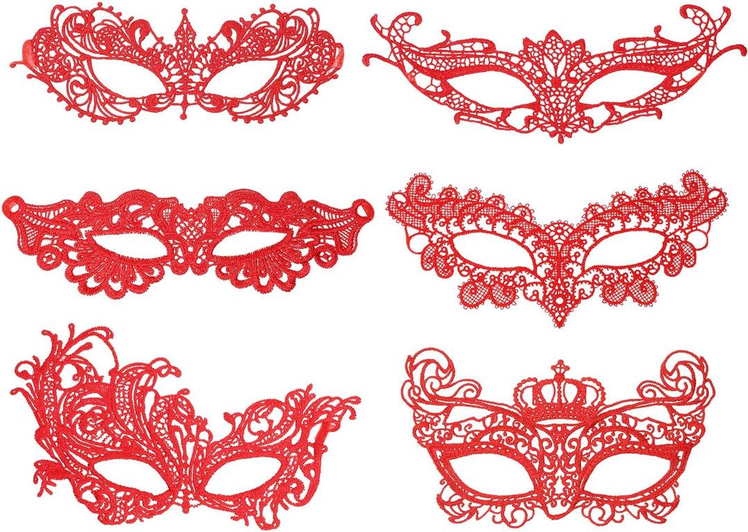 PENTA ANGEL Halloween Lace Masks 6Pcs Assorted Shapes Sexy Lady Venetian Masquerade Lace Eye Mask with Ribbon for Women (Red)