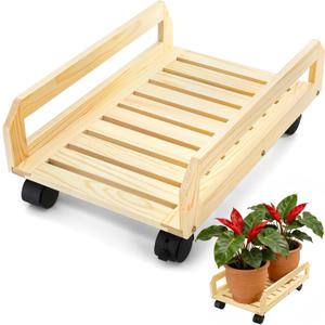 Wood Plant Caddy, Heavy Duty Plant Stand with Lockable Wheels, Rectangular Pot Dolly Flower Mover for Indoor Outdoor, Holds up to 150 Lbs