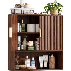 Bathroom Wall Storage Cabinet, Over the Toilet Storage Cabinet with Fluted Doors & Adjustable Shelf, Wood Medicine Cabinet Wall Mounted for Bathroom, Laundry Room & Kitchen, Natural Oak
