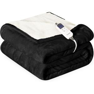 Heat Blanket 62x84 Twin Size,Soft Flannel & Sherpa Reversible Electric Blanket with 10 Heat Settings,12 Timer Setting and 8 Hours Auto-Shut Off,ETL Certified Machine Washable,Black