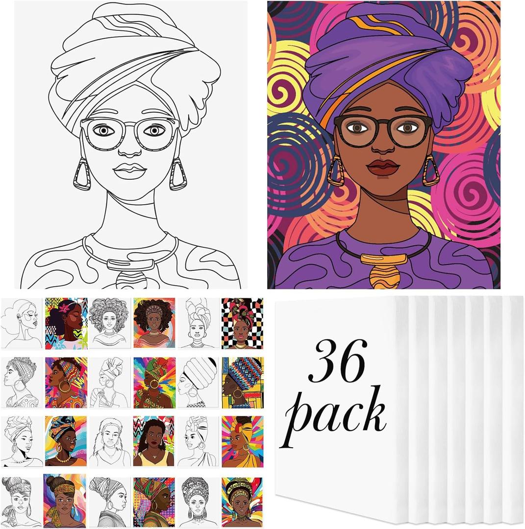 Harloon 36 Pcs 8 x 10 Inch Pre Drawn Canvas for Painting Afro Queen Pre Stretched Canvas Painting for Adults Outline for Sip and Paint Party Supplies Favor