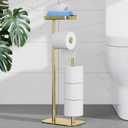 Gold Toilet Paper Stand Holder with Shelf, Marble Design Base Free Standing Toilet Paper Roll Holder with 2 Dispenser SUS 304 Stainless Steel Reserve, Storage 5 Rolls
