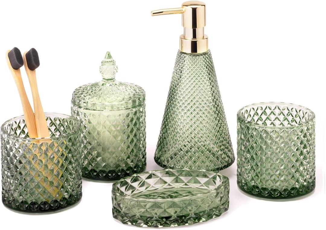 EMPO 5Pcs Diamond Glass Bathroom Accessories Complete Set, Triangle Vintage Lotion Dispenser, Soap Dish, Toothbrush Holder, Tumbler, Cotton Swab Jars, Modern Decor, Housewarming Gift Set (Oliva Green)