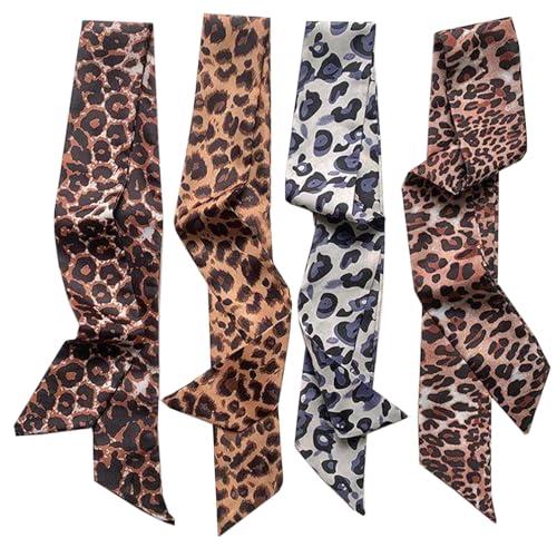 NIDMIDO 4 Pack Purse Scarf for Bags Silk Head Scarf for Hair Handbag Women Scarfs Ribbon Band Hair Neck Scarves Fashion Gifts (Leopard brown grey)