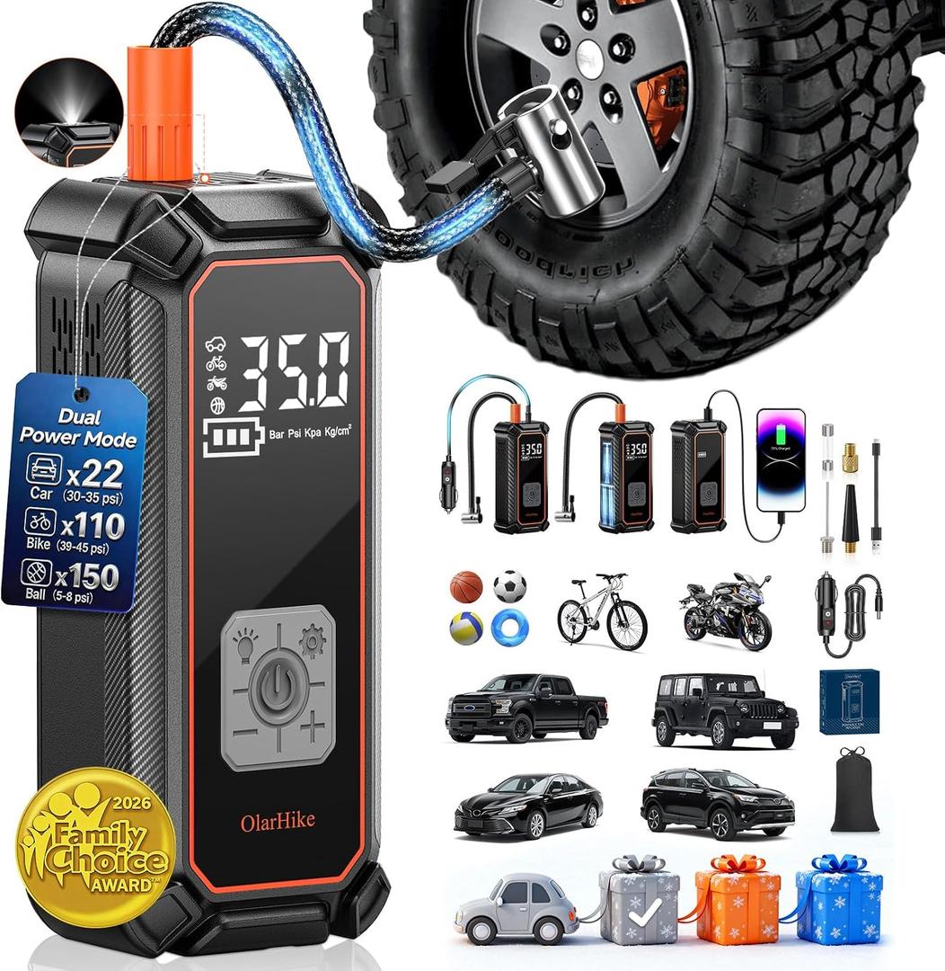 OlarHike Tire Inflator Portable Air Compressor, 7500mAh, Dual Power, Auto Air Pump for Car Tires, Motorcycle, Bicycle, Electric Pump with LED Light & Digital Pressure Gauge, Gift for Mom
