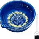 3-in-1 Ceramic Grater Bowl with Herb Stripper, Kitchen Tool for Garlic, Ginger & Vegetables, Easy to Clean Stripping Bowl for Kale, Rosemary, Thyme, and Basil, Dishwasher Safe (Blue)