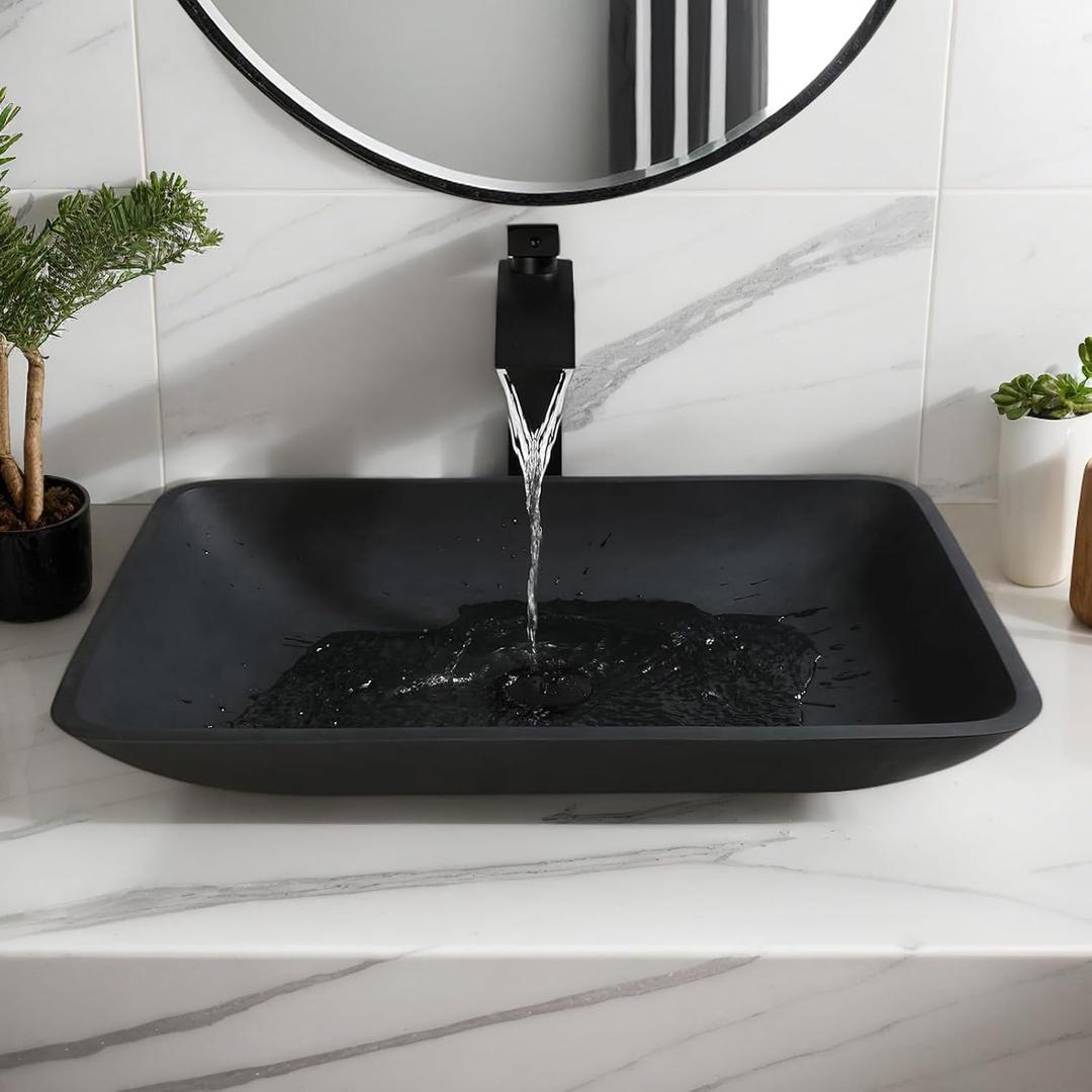 22 Inch Bathroom Glass Vessel Sink with Waterfall Faucet and Pop-Up Drain Combo,Black Rectangular Sink Bowl Above Counter Tempered Glass Sink Basin, 22.4 x 14.4 x 3.6 inch