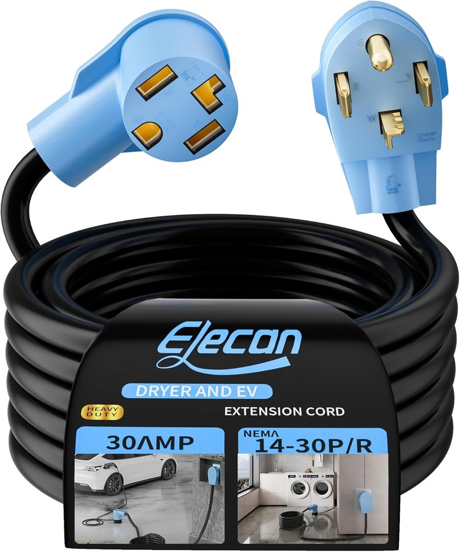 Elecan Dryer EV Extension Cord 15 FT, 4 Prong 30 Amp NEMA 14-30P to 14-30R Extension Cord Cable for Dryer Power Extension and Level 2 EV Charging Tesla,Heavy,Waterproof,10AWG 125/250V-ETL-Blue-15FT