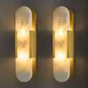 Alabaster Brass Oval Wall Sconce - Set of 2 Natural Spanish Stone Indoor Lighting Fixture - Luxury Modern Gold Dimmable Sconces with Bulb - Elongated Brushed Vanity Light for Bathroom Bedroom, 2 Pack