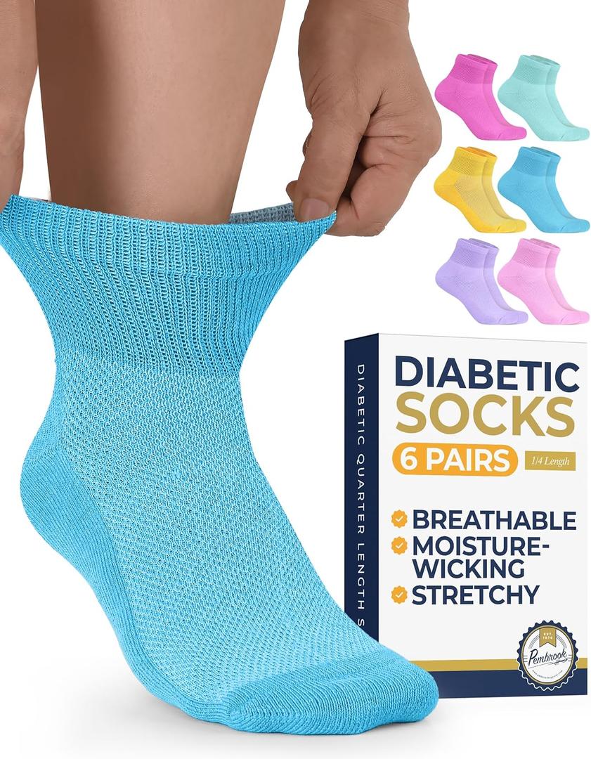 Pembrook Ankle Diabetic Socks for Women and Men | 6 Pairs | Wide Calf and Ankle Neuropathy Socks for Women | Moisture Wicking Womens | Diabetic Socks Women 9-12