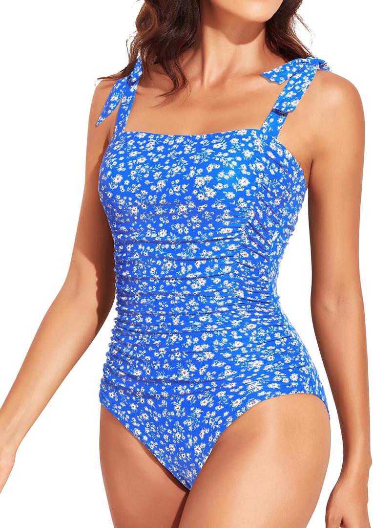 Tempt Me Women Tummy Control One Piece Swimsuits Ruched Slimming Bathing Suits Vintage Swimwear (Large, Blue White Floral)