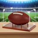 Clear Acrylic Football Display Case with Wood Base & Tee, Memorabilia Stand Cube Holder, Dust Protection Transparent Storage Box for Single Ball Souvenir Football Collections