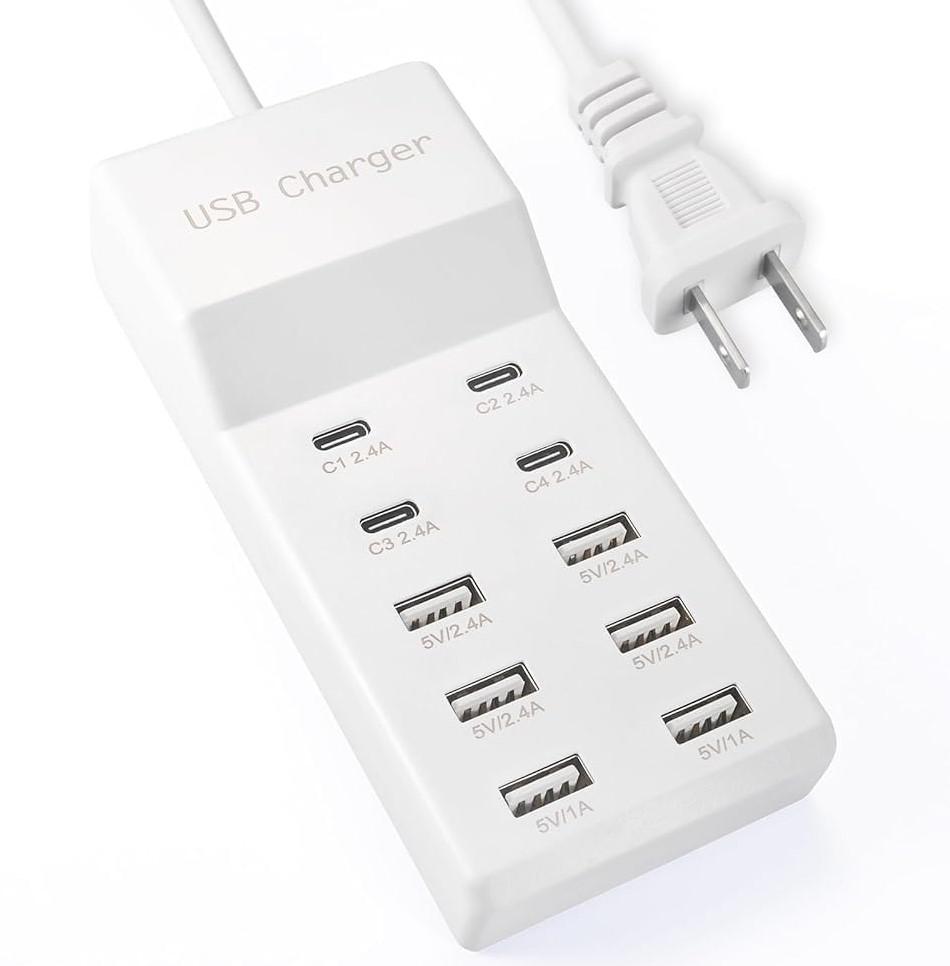 USB Charging Station with 6 USB-A & 4 USB-C Ports, 50W 10A USB Charging Block for Smart Phone, Tablet, Laptop, Multiple Devices - USB Power Strip with Auto-Detect Technology (1 PCS)