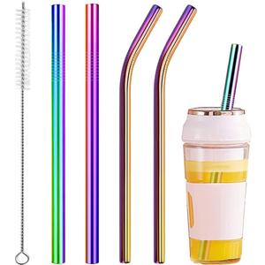 Vinaco Reusable Smoothie Straws, 0.4'' Wide Stainless Steel, 10.5'' & 8.5'' Long, 4 Pack with 1 Cleaner for Milkshake, Smoothie, Bubble Tea (Rainbow)