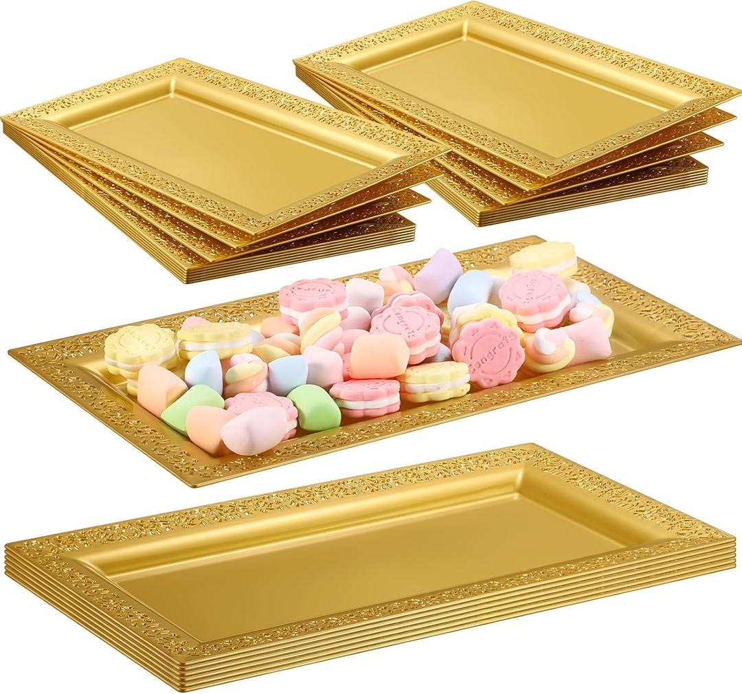Maxcheck 24 Pcs Gold Plastic Serving Tray Platter Set 14 x 7.5 Inches Gold Lace Rim Serving Trays for Food Dessert Fruit Cupcake Weddings Table Parties Display